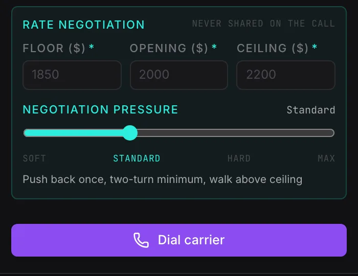 LoadHawk rate negotiation panel: floor, opening and ceiling rates with negotiation pressure — values never shared with the carrier